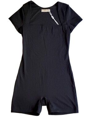 Qinsen Square Neck One Piece Romper M Biker Shorts Bodysuit Black